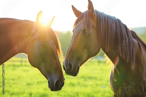 two horses nuzzling in a green field, bright sunlight behind them photo