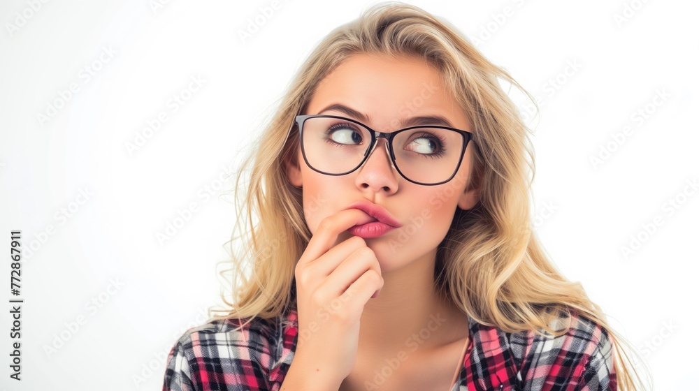Modeling, Fashion, Blonde, Hair, glasses, Contemplative Mystery: Portrait in Thought Modeling, Fashion, Blonde, Hair, glasses, Contemplative Mystery: Portrait in Thought
