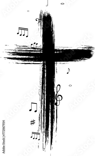 Cross silhouette in hand-painted style. Religion symbol  with flying music notes