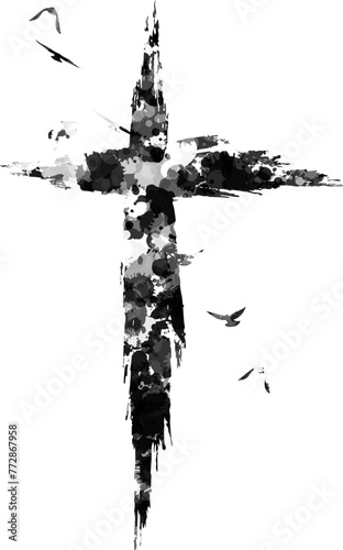 Cross silhouette in hand-painted style. Religion symbol with flying birds