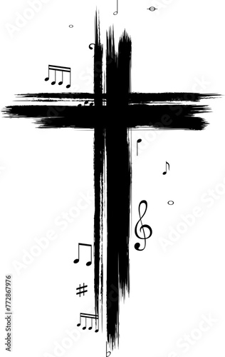 Cross silhouette in hand-painted style. Religion symbol  with flying music notes