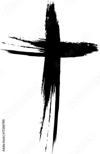 Cross silhouette in hand-painted style. Religion symbol. Isolated design element