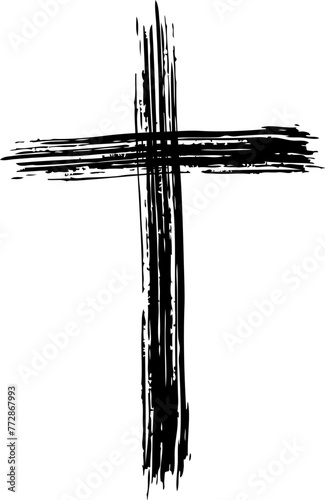 Cross silhouette in hand-painted style. Religion symbol. Isolated design element