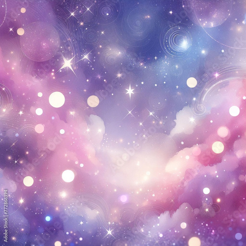 Rainbow unicorn pastel background with glitter stars. Pink fantasy sky. Holographic space with bokeh. Fairy iridescent gradient backdrop. Vector
