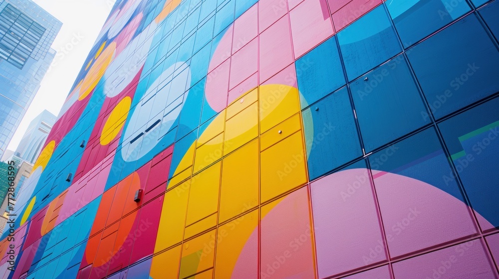 Fototapeta premium Across the city skyline, a consortium of innovators celebrated their triumphs, imprinting their legacy on the chromatic spectrum of pastel tiles, providing a canvas for promotional displays.