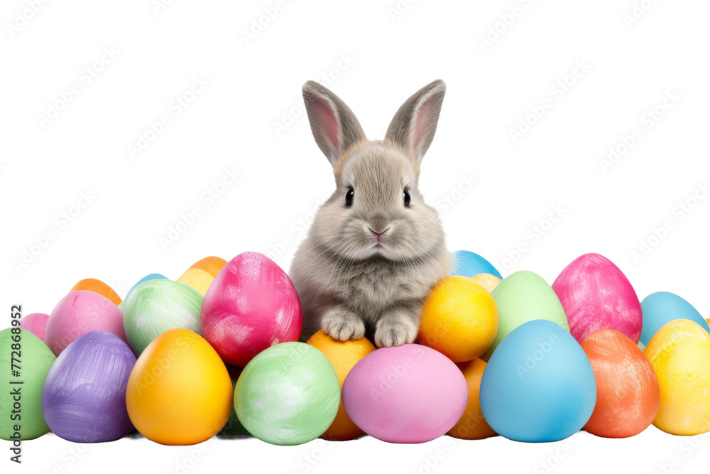 Rabbit Sitting In Front of Eggs. On a White or Clear Surface PNG Transparent Background..