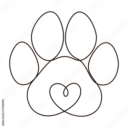 Heart with cat or dog paw. Animal footprint in minimal line art. Line paw vector. Pet love concept. Continuous one line drawing logo.