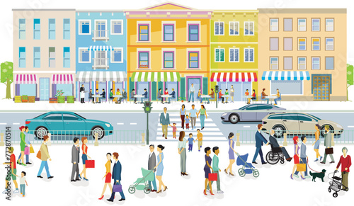 Stadtsilhouette einer Stadt mit Verkehr und Menschen,  illustration
