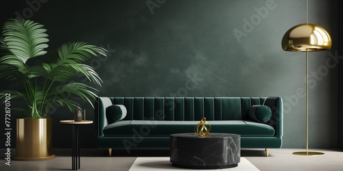 An elegant lounge area featuring a deep green velvet sofa, a marble-topped coffee table, a round velvet pouf in a coordinating color, gold accents, a tall plant, and a minimalist floor lamp photo