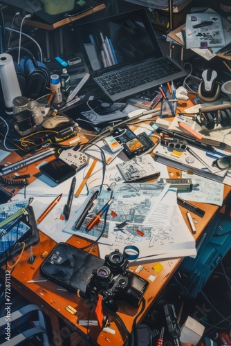 An artist's work desk covered in colorful paint palettes, brushes, and sketches, reflecting the creative chaos of the creative process, Generative AI1