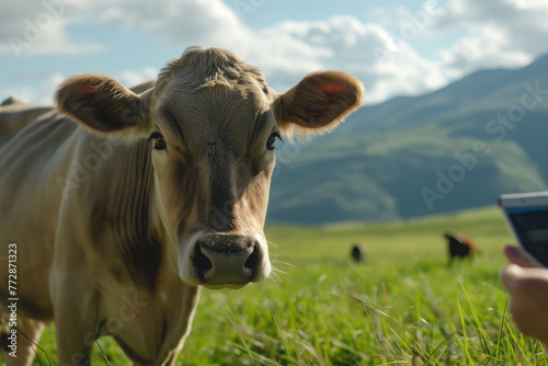 Curious cow looking at the camera in a lush green field with a mountain backdrop