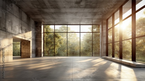A large, empty room with a view of trees and a sunny day