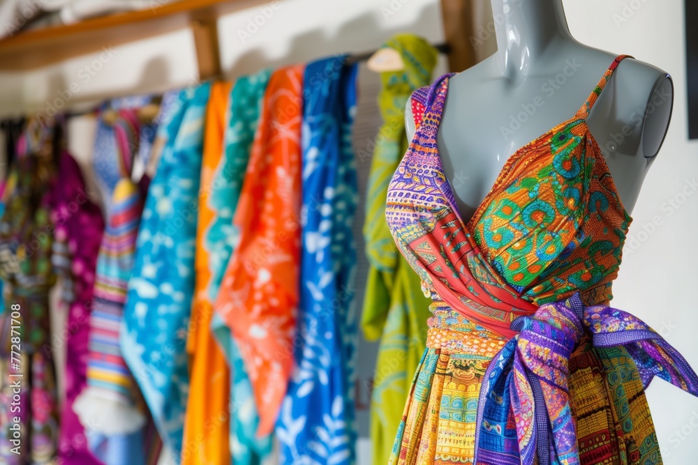 wrap summer dress on mannequin with colorful scarves