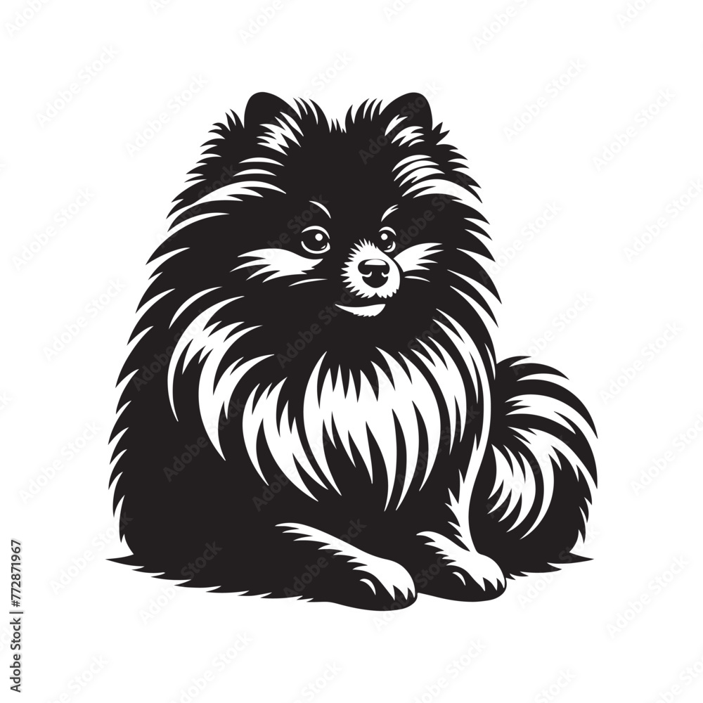 Pomeranian Dog Silhouette: Small Breed Profile Outline Art for Canine Lovers- Pomeranian black vector stock. Pomeranian Dog Silhouette: Small Breed Profile Outline Art for Canine Lovers- Pomeranian black vector stock.