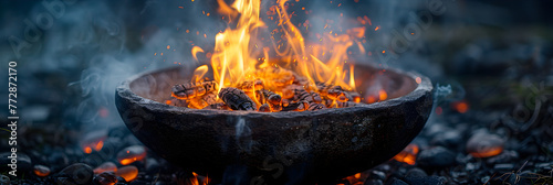Fire burning in bowl , Close up of a fire in a rustic pot on a campfire 