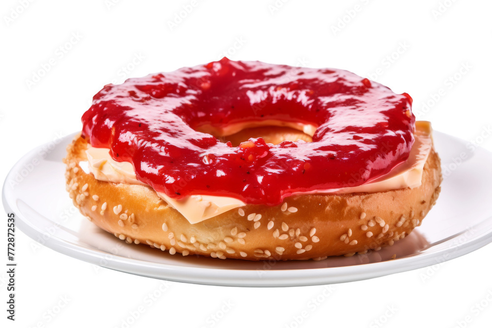 Bagel With Ketchup on White Plate. On a White or Clear Surface PNG Transparent Background.. Bagel With Ketchup on White Plate. On a White or Clear Surface PNG Transparent Background..