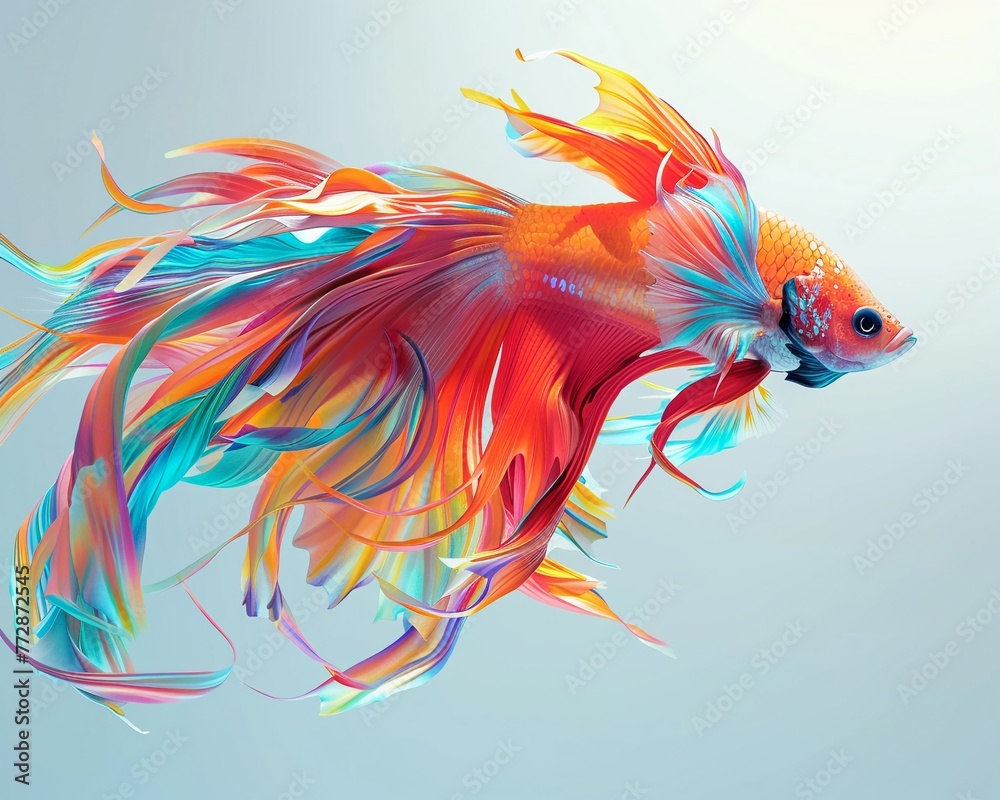 Fototapeta premium Gouache painted Siamese fighting fish in 3D illustration, dynamic and colorful, making a serene turn in crystalclear water