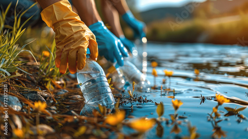 A group of people picking up trash from the grass near water, with one person holding plastic bottles and gloves in their hands, focused on cleaning the environment. Generative AI.