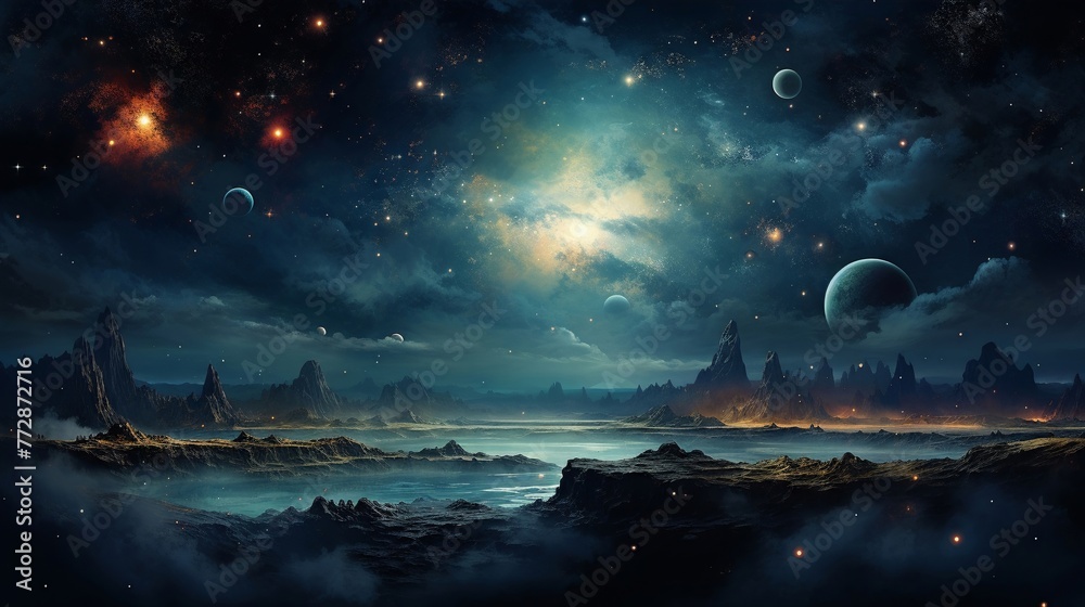 Infuse your artwork with the beauty of the cosmos, translating astronomical wonders into a captivating panoramic scene that sparks curiosity and appreciation for the mysteries of the universe