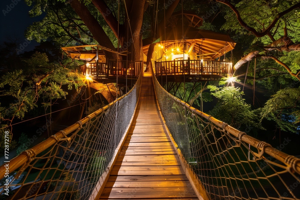 suspended wooden bridge leading to an illuminated treehouse cafe