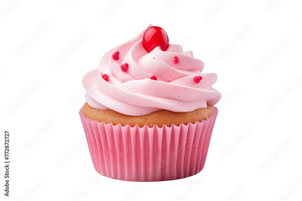 Pink Frosting Cupcake With Cherry on Top. On a White or Clear Surface PNG Transparent Background..