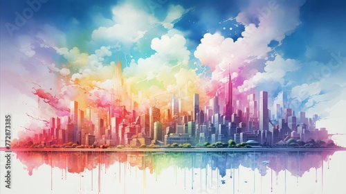 Imagine a futuristic cityscape with skyscrapers towering overhead, each emitting colorful auras that swirl and interact
