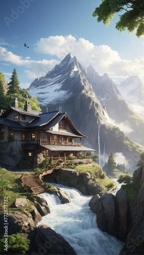 An anime-style mountain retreat with a cascading waterfall, birds soaring overhead, and a tranquil atmosphere