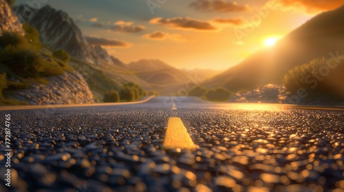 Sunset on a desolate asphalt road with yellow lines, Empty road through the mountains with a beautiful sunset, Road leading into a sunset mountain range, AI generated