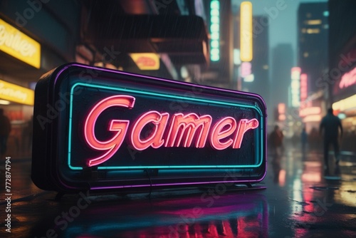 Slogan gamer neon light sign text effect on a rainy night street, horizontal composition 