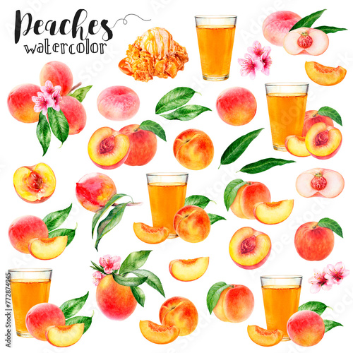 Watercolor illustration of peaches set close up. A large set with different peach varieties. Design template for packaging, menu, postcards. PNG