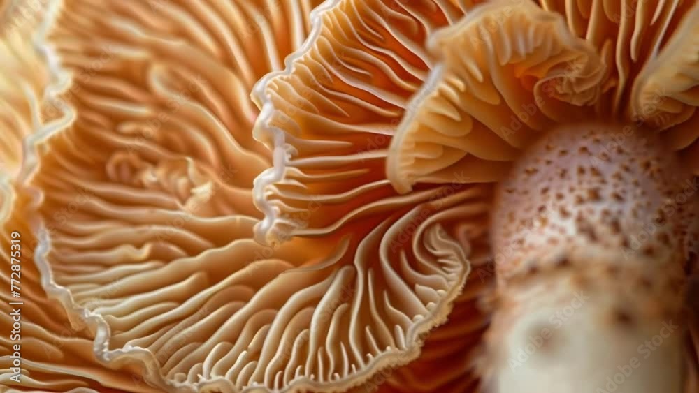 A microscopic view of a mushroom cap revealing the intricate gills underneath. These gills are composed of thin branching filaments . AI generation. A microscopic view of a mushroom cap revealing the intricate gills underneath. These gills are composed of thin branching filaments . AI generation.