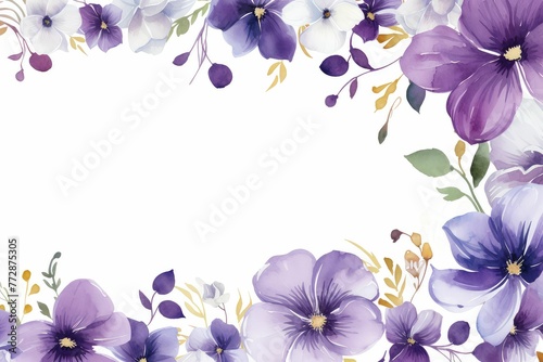 watercolor of pansy clipart in shades of purple  yellow  and white. flowers frame  botanical border for graphic resources  Template for spring card with garden flowers.