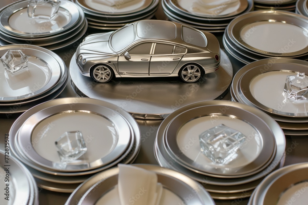 silver luxury car cake surrounded by sparkling clean plates
