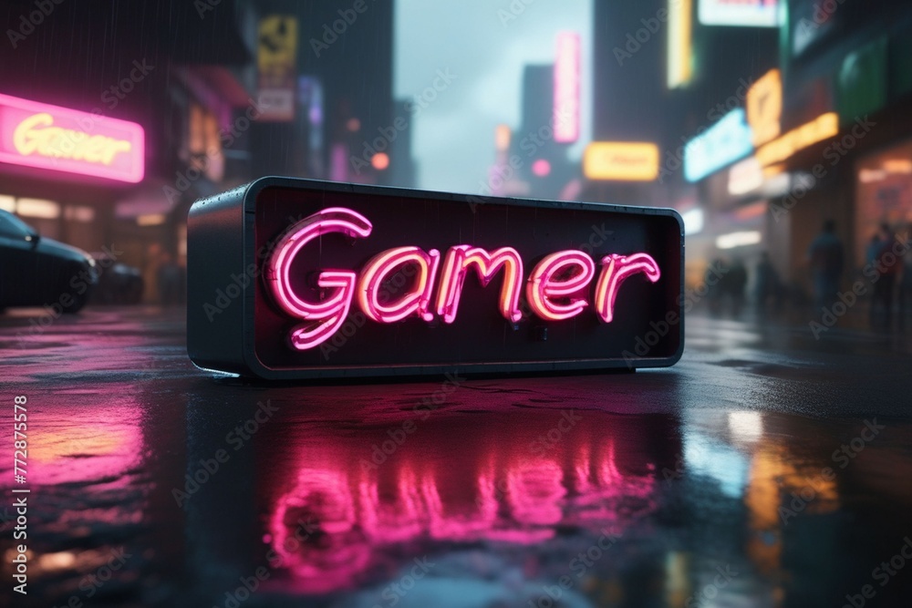Slogan gamer neon light sign text effect on a rainy night street, horizontal composition	