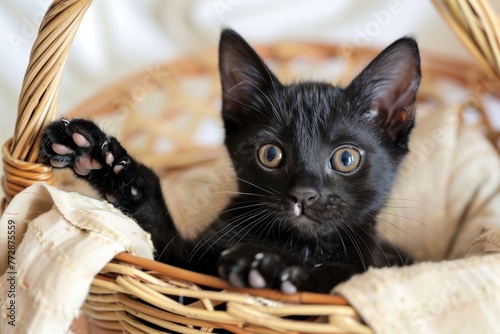 black cat with paws outstretched in small wicker basket