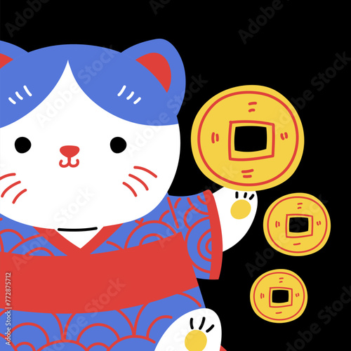 Japanese lucky cat maneki neko vector cartoon cute oriental feline figure holding coban coin with kanji meaning richness