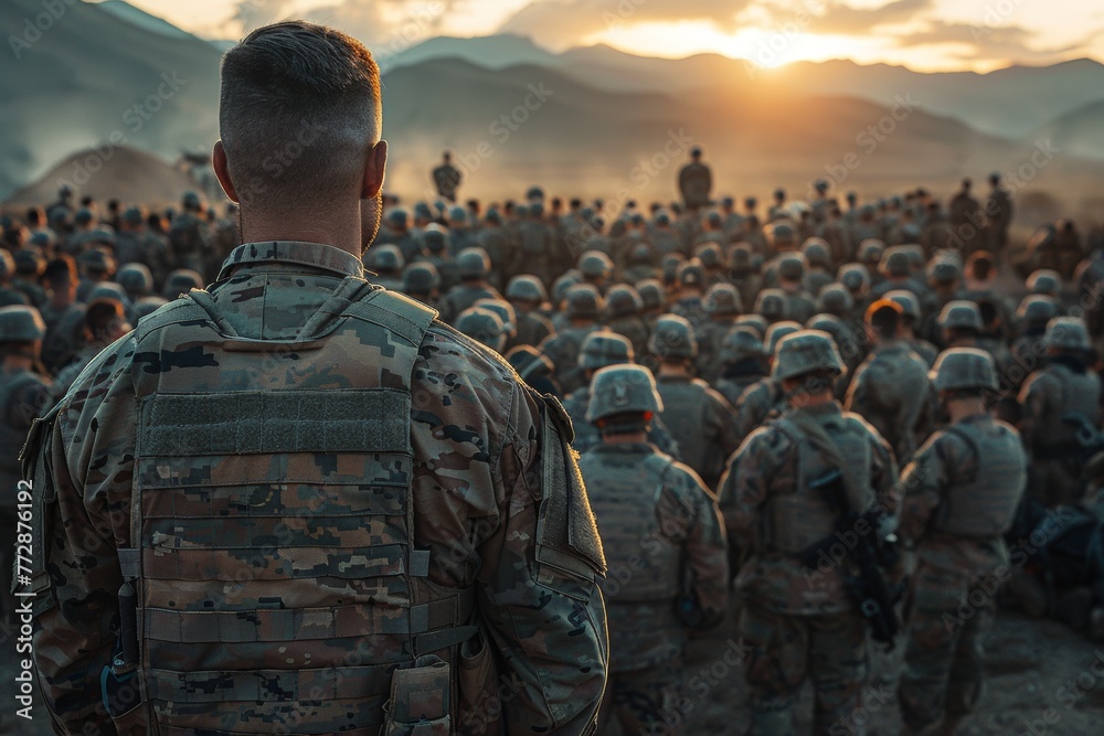 Rear View of a Soldier Facing a Battalion at Sunrise During a Military Operation Briefing Rear View of a Soldier Facing a Battalion at Sunrise During a Military Operation Briefing