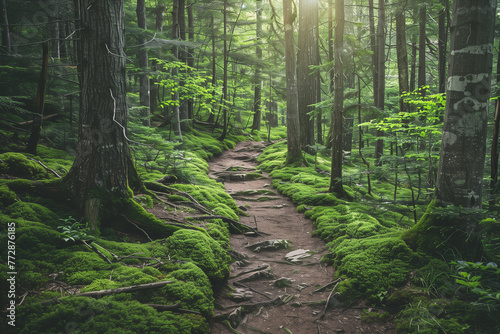 A rugged trail through a dense, ancient forest