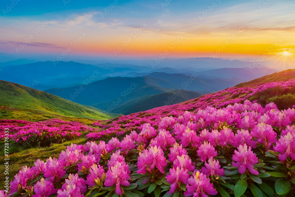 Magic pink rhododendron flowers on summer mountain. Colorful sky