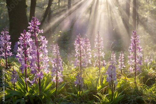 Orchis mascula flowers basking in the ethereal morning light