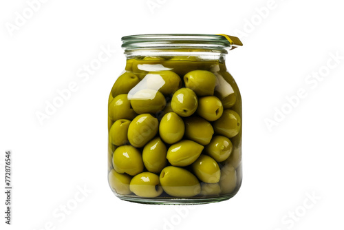 Glass Jar Filled With Green Olives. On a White or Clear Surface PNG Transparent Background..
