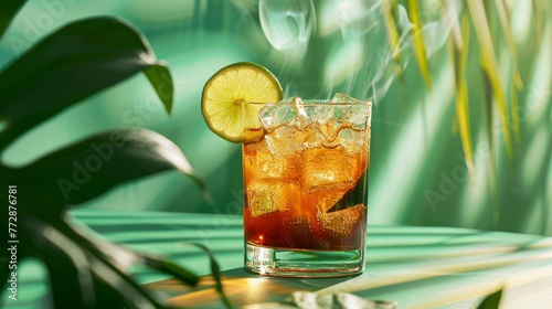 A studio image of with a green background of a batanga cocktail with a mix of tequila, cola, and lime 