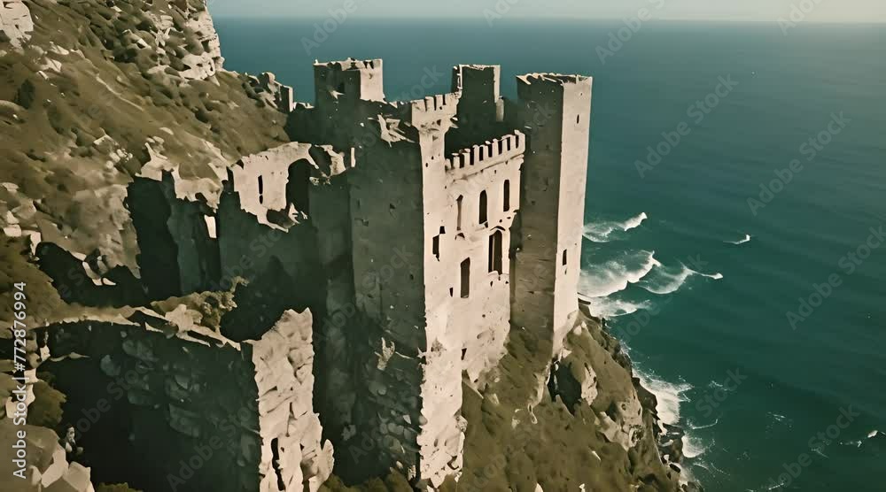 An old, ruined castle on a cliff above the sea, where the sound of the ...