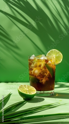 A studio image of with a green background of a batanga cocktail with a mix of tequila, cola, and lime 