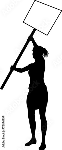 Protestor or demonstrator at a demonstration march, picket line or strike protest rally in silhouette. Holding up a banner or picket sign board placard.
