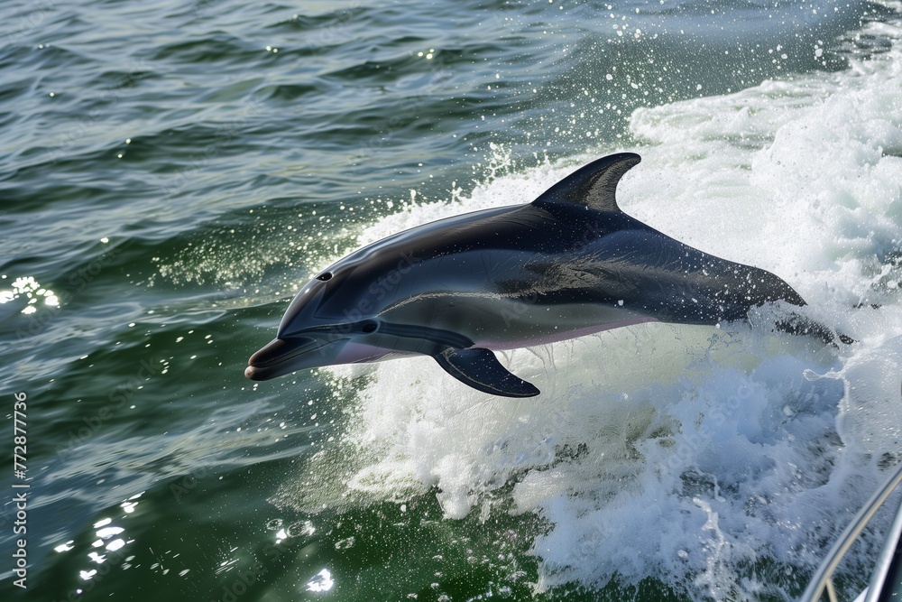 Fototapeta premium dolphin jumping over wake from speedboat