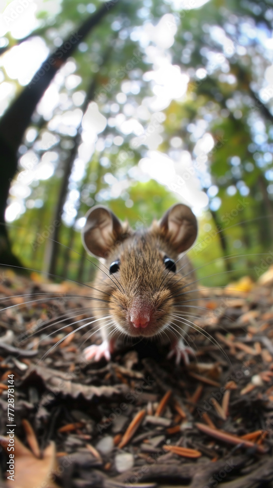 Close-up of Little curious mouse in forest Close-up of Little curious mouse in forest