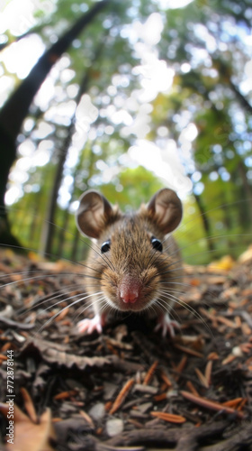 Close-up of Little curious mouse in forest