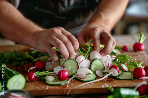 someone creating a centerpiece with carved radishes and cucumbers photo