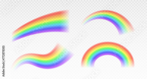 Bright realistic arch rainbows and round halo rainbow. Fantasy symbol of good luck. Natural arcuate phenomenon in the sky. Multicolor circular arc. The symbol of rain, sky, clear, nature. 